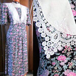 VINTAGE DRESS, 10, TEA PARTY FLORAL WHITE COLLAR & LACE, 1980s MAXI, JH PAUL Ltd